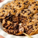 scoopable chocolate chip cookies in a pan with a spoon