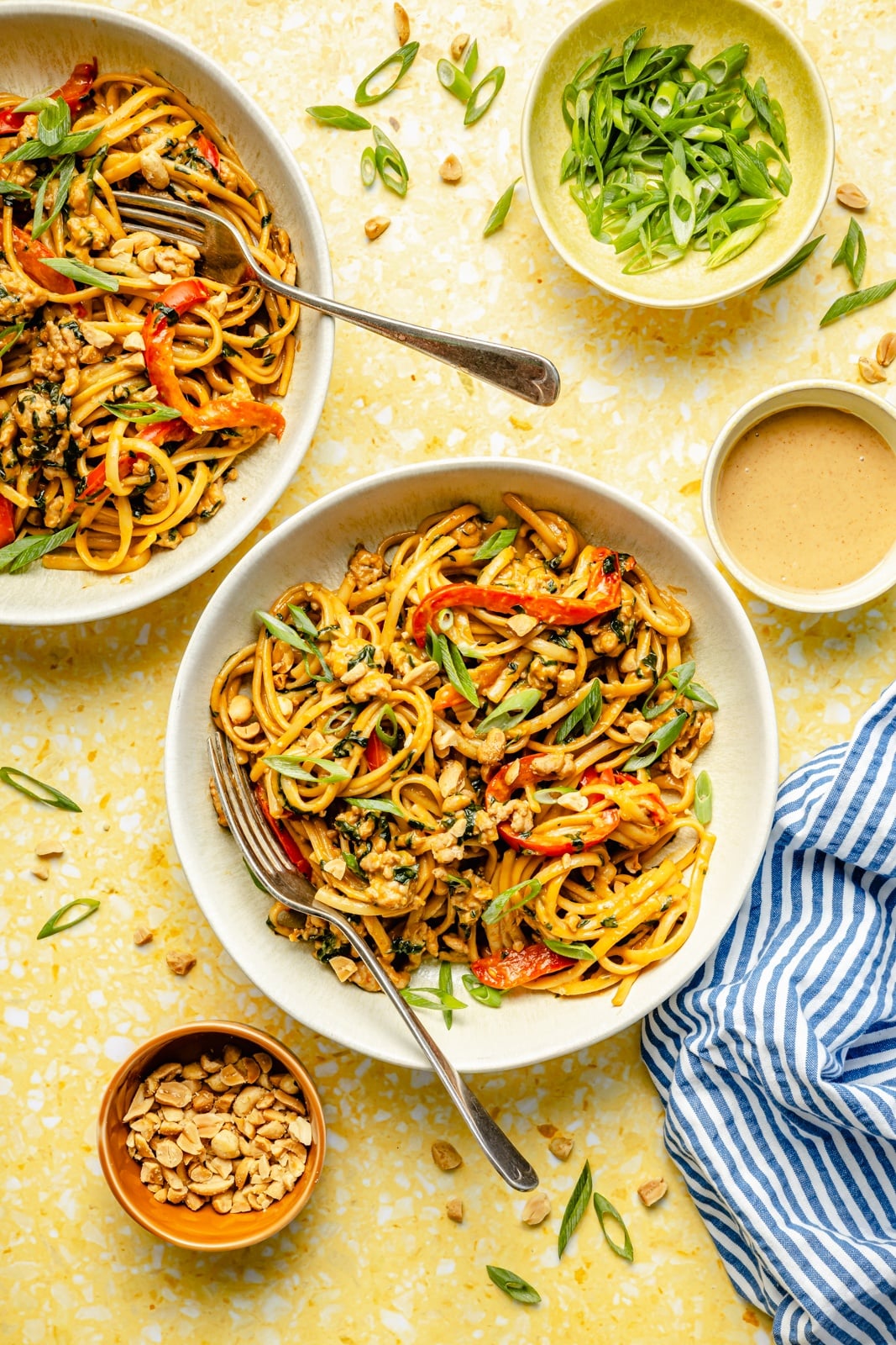 healthy chicken peanut noodles and veggies in two bowls