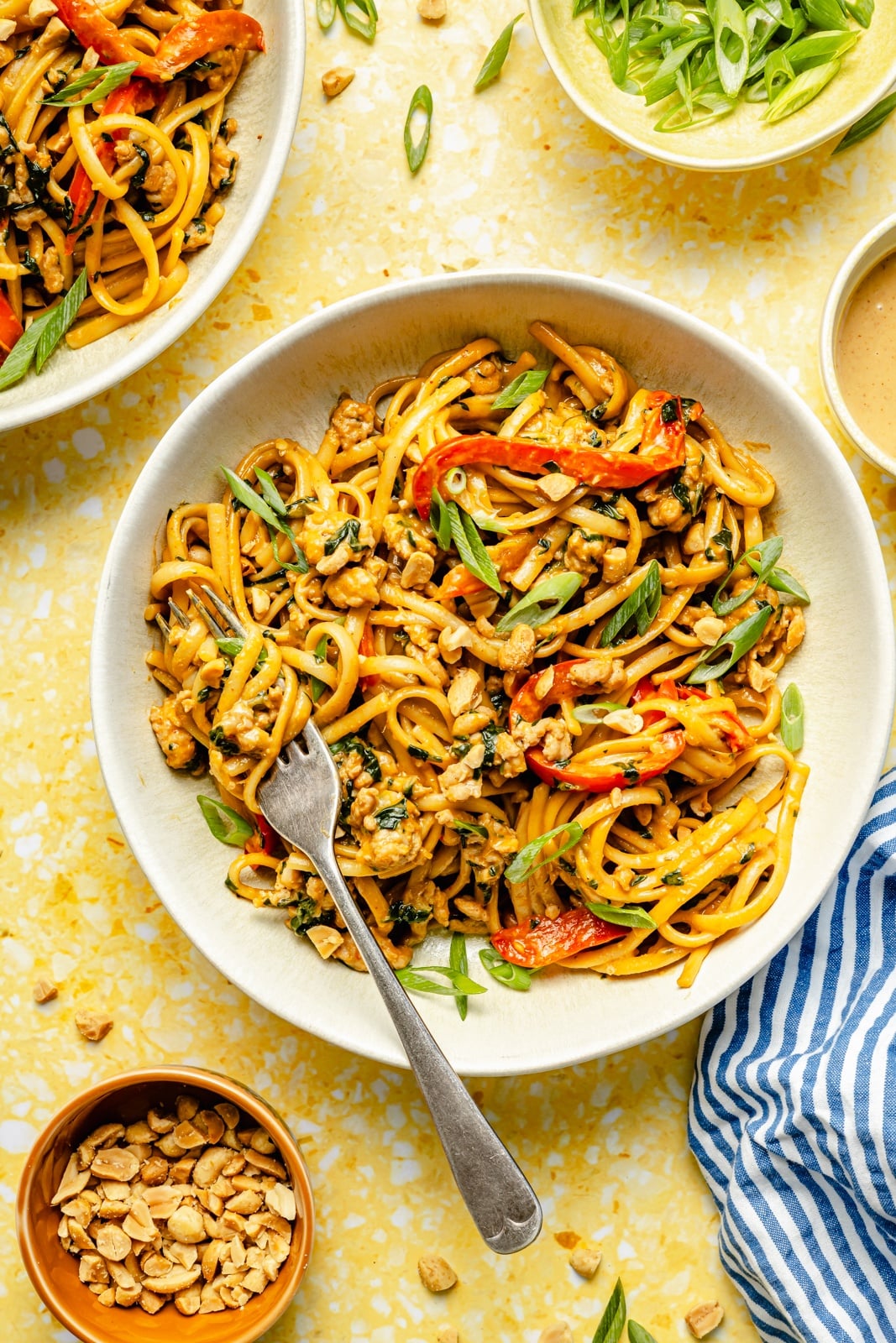 chicken peanut noodles in a bowl with vegetables