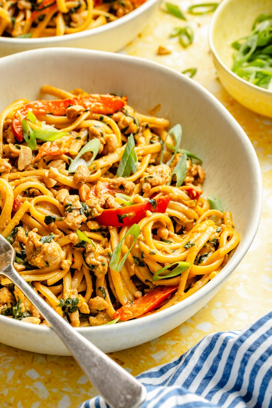 easy ginger chicken peanut noodles in a bowl