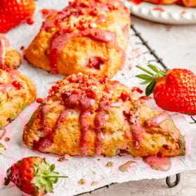homemade strawberry scone on a wire rack