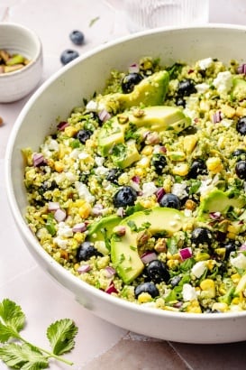 blueberry quinoa salad in a large bowl