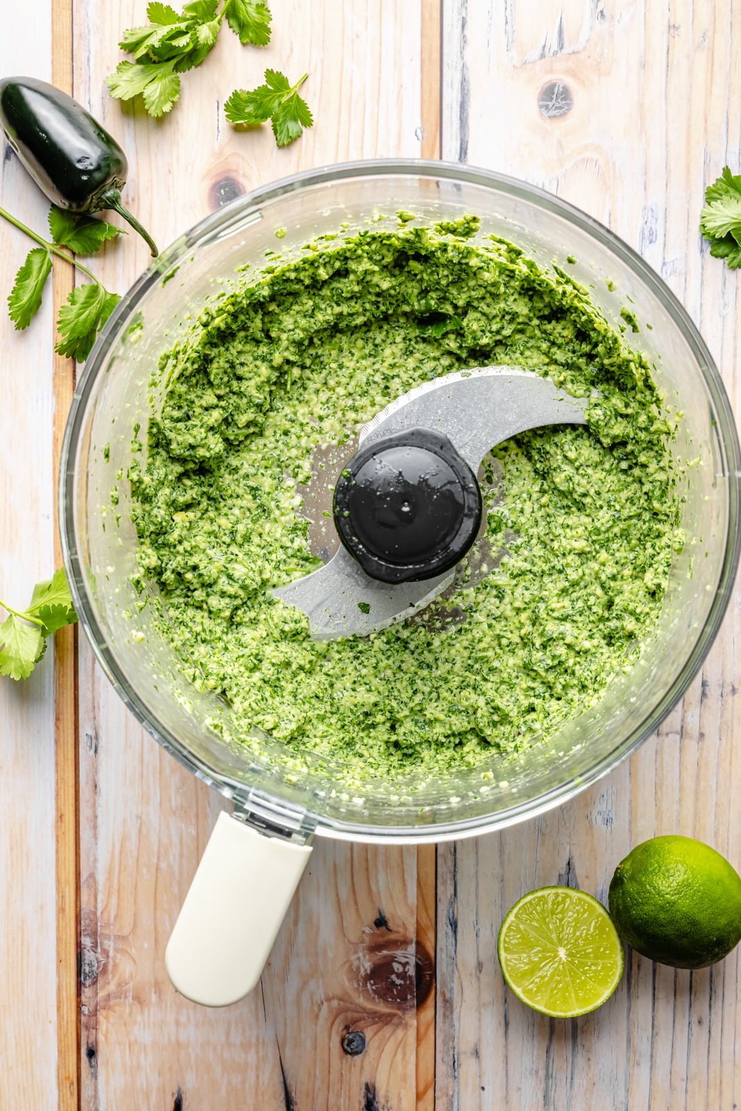 homemade cashew pesto in a food processor