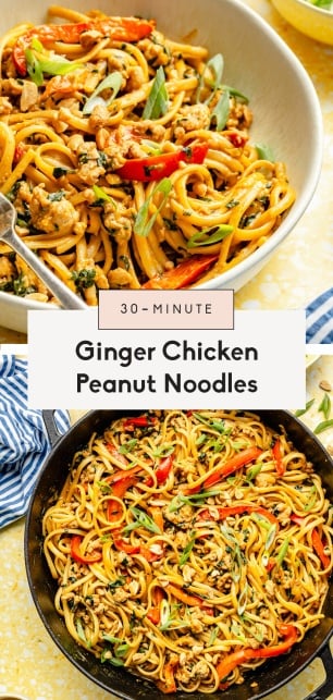 collage of easy chicken peanut noodles