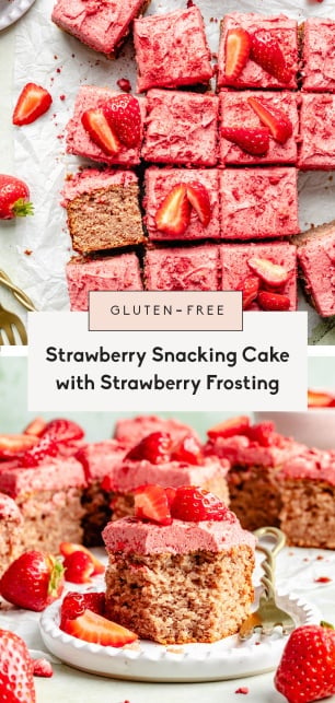 collage of a strawberry snacking cake recipe