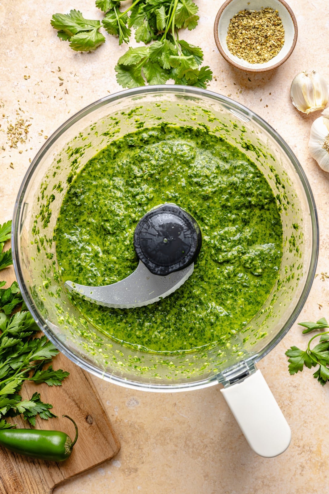 homemade chimichurri in a food processor