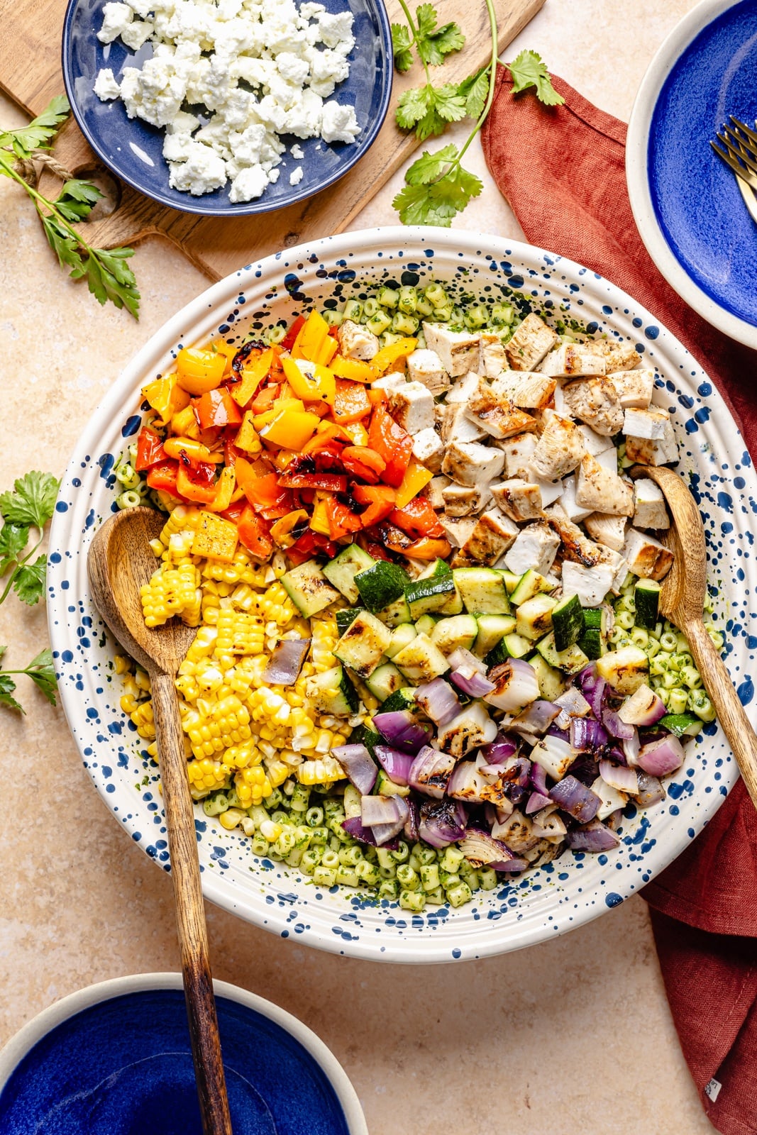 grilled chicken and veggie chimichurri pasta salad in a bowl