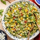 chimichurri pasta salad in a bowl