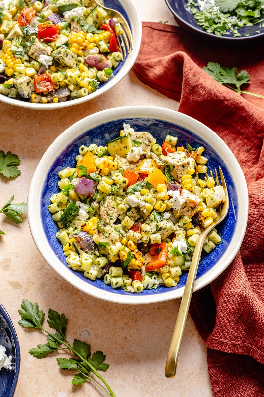 chimichurri pasta salad in two bowls