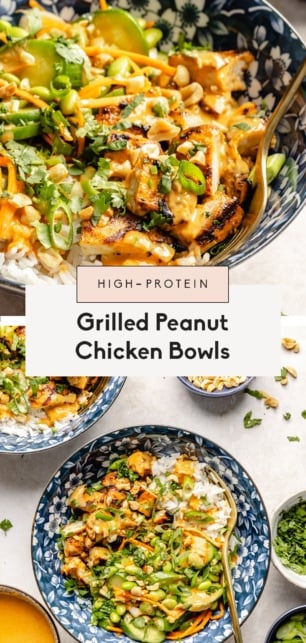 collage of peanut chicken bowls