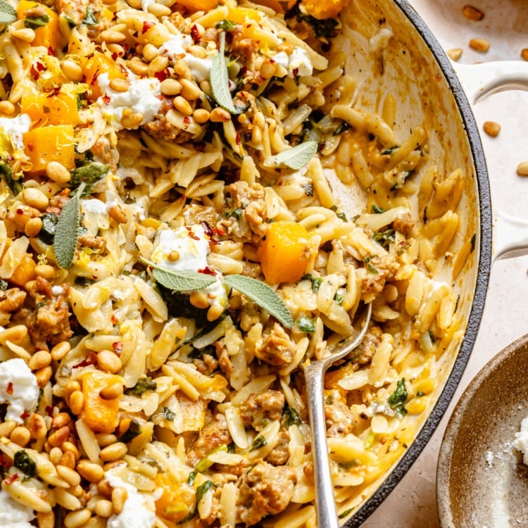 Brown Butter Sage Orzo with Spicy Sausage and Butternut Squash