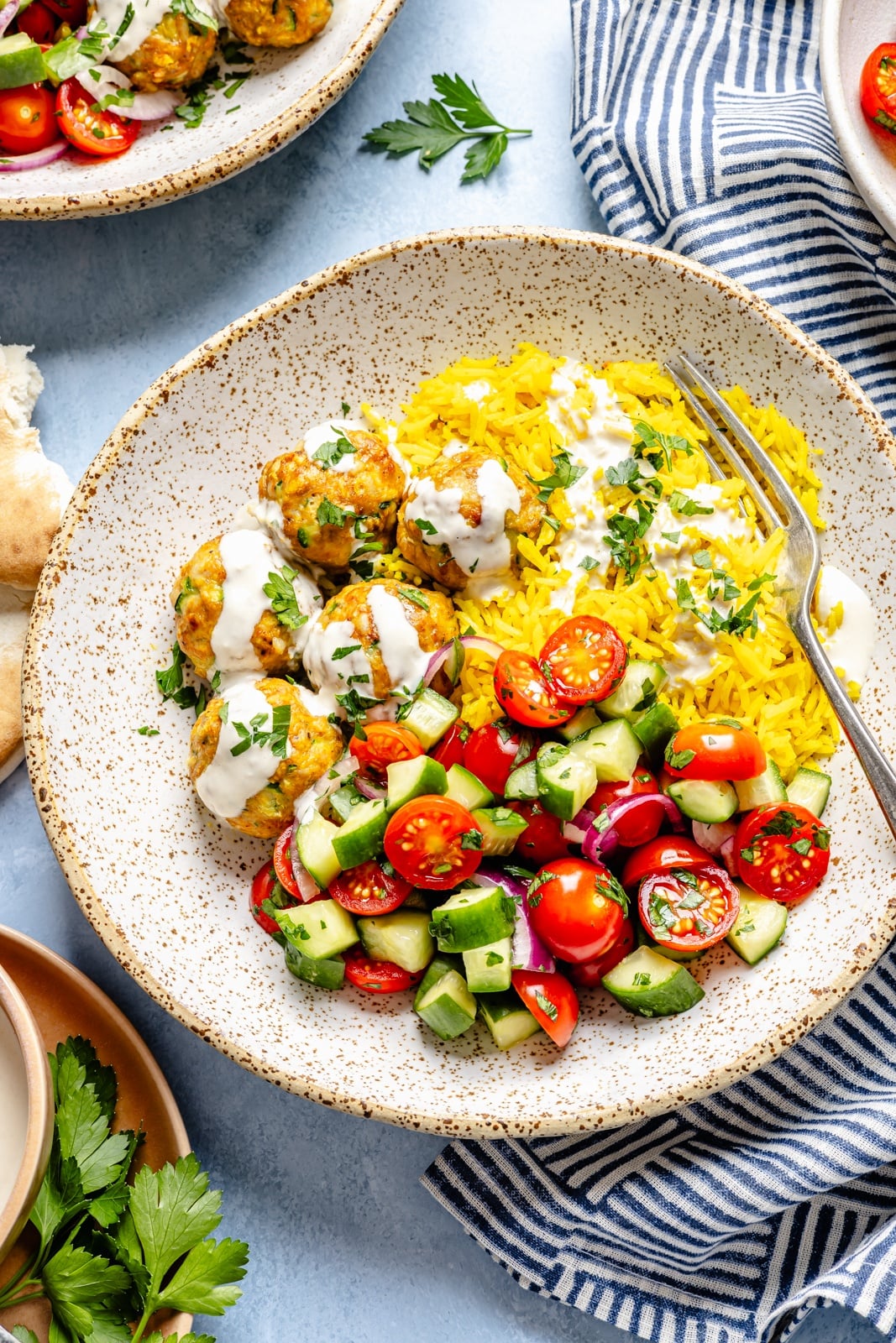 chicken shawarma meatball bowl with rice and veggies