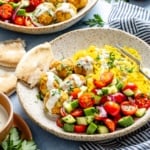 chicken shawarma meatball bowl with rice and salad
