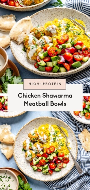 collage of chicken shawarma meatball bowls