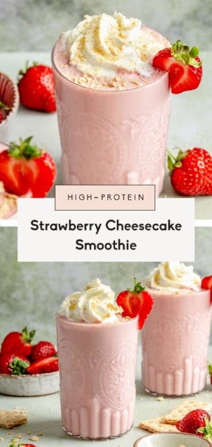 collage of a strawberry cheesecake smoothie recipe