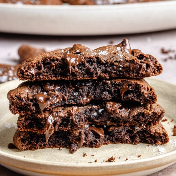 chocolate olive oil cookies in a stack on a plate