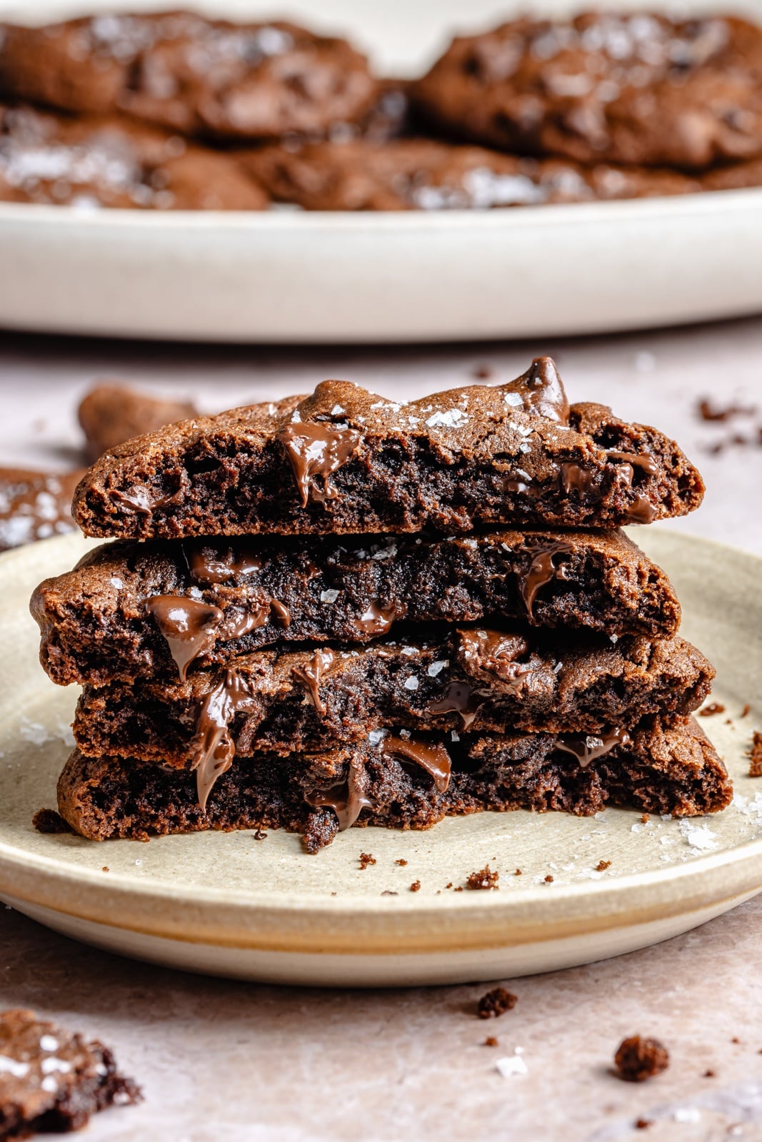Fudgy double chocolate olive oil cookies with perfectly crisp edges and chewy centers. These incredible cookies take just 10 minutes to mix and 10 to bake, so you can have the ultimate chocolate lover's dessert in no time! Easily make them gluten-free, and add a sprinkle of sea salt for a sweet-salty combo. chocolate olive oil cookies in a stack on a plate