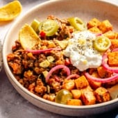 sloppy joe bowl with sweet potatoes and cottage cheese