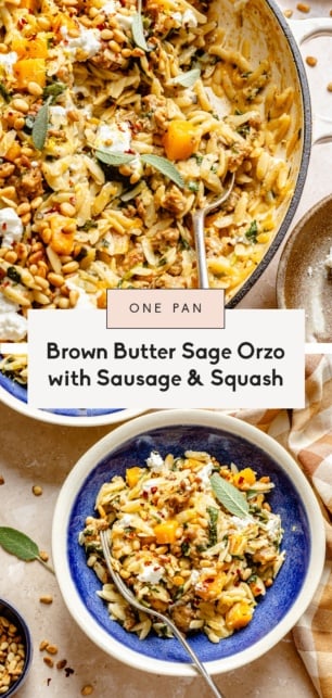 collage of brown butter butternut squash orzo with sausage